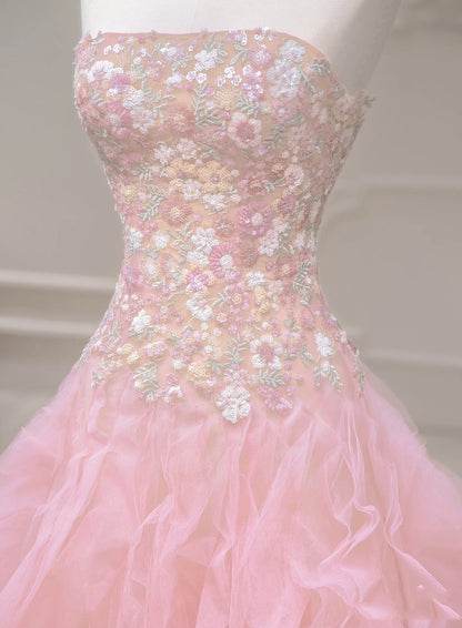Robe de bal de luxe bustier en tulle rose longue robe de bal P1720