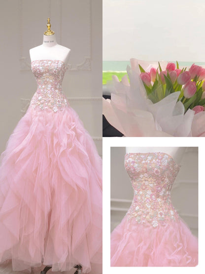 Robe de bal de luxe bustier en tulle rose longue robe de bal P1720