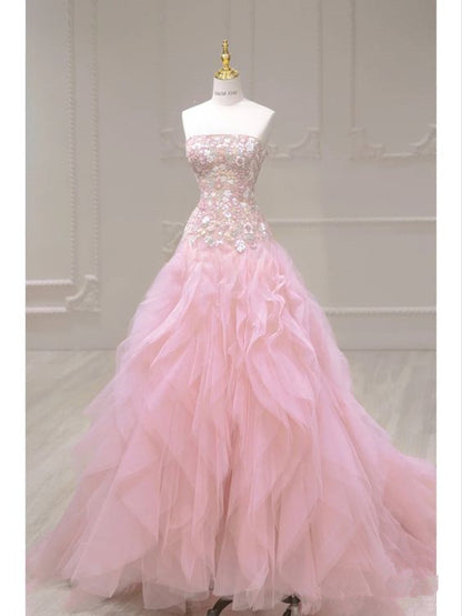 Robe de bal de luxe bustier en tulle rose longue robe de bal P1720