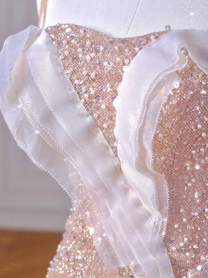 Sparkly Mermaid Straps Pink Tulle Pearls Long Prom Dress P1722 – PreppyDress