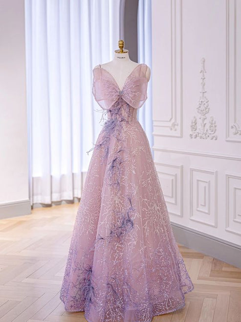 A-line Sequins Pink Straps Long Formal Dress, Simple Pink Evening Dress Prom Dress main image 0