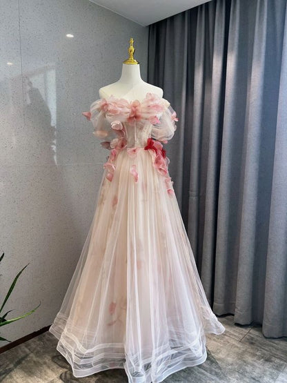 Robe de bal rose en tulle fleuri pour bal de promo P1726
