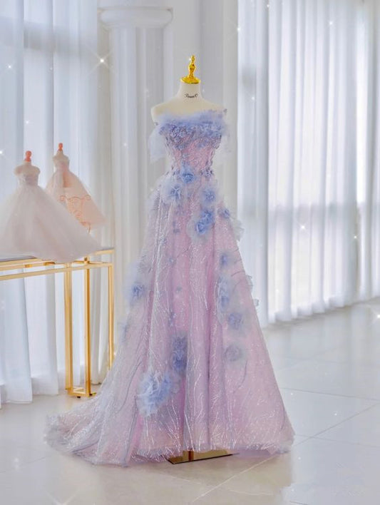 Elegant A line Strapless Tulle Floral Prom Dress P1727