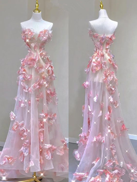 Elegant A line Strapless Tulle Floral Pink Prom Dress P1729