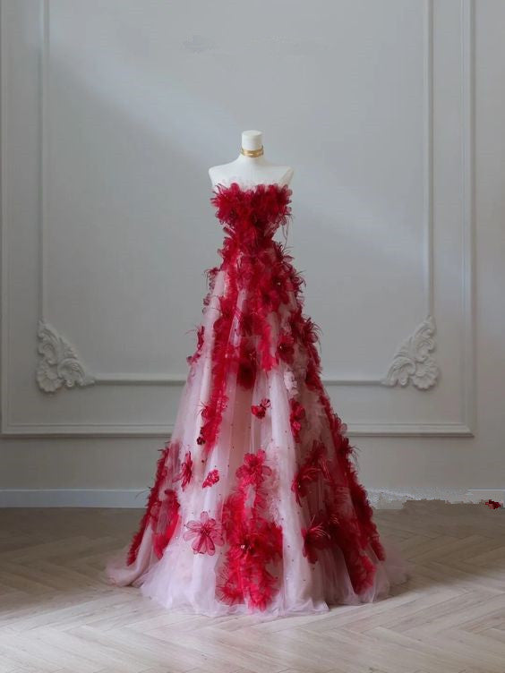Elegant A line Strapless Tulle Floral Red Prom Dress P1731