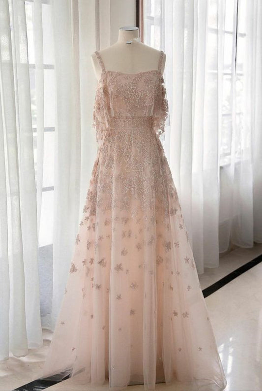 Elegant A line Straps Sequin Long Prom Dress P1732