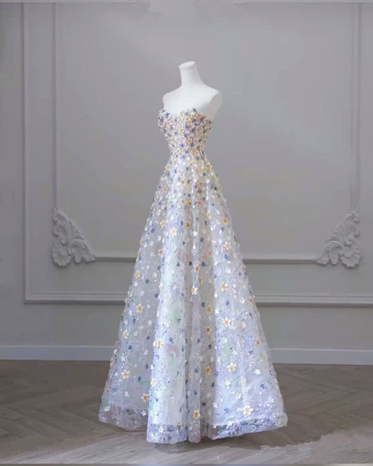 Elegant A line Strapless Floral Long Prom Dress P1735