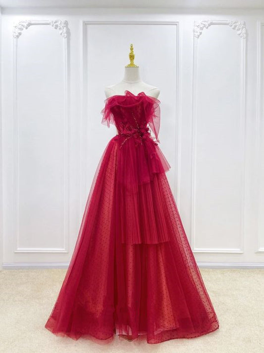 Elegant A line Strapless Red Tulle Long Prom Dress P1736