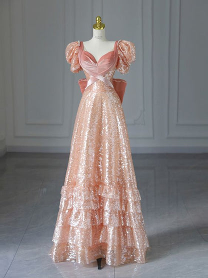 Feenhaftes A-Linien-Abendkleid mit kurzen Ärmeln und Pailletten P1739