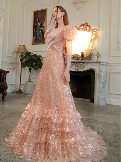 Feenhaftes A-Linien-Abendkleid mit kurzen Ärmeln und Pailletten P1739