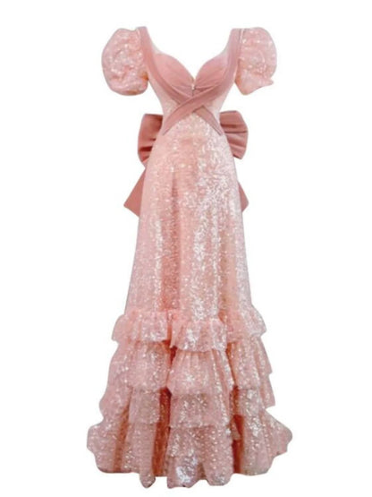 Feenhaftes A-Linien-Abendkleid mit kurzen Ärmeln und Pailletten P1739