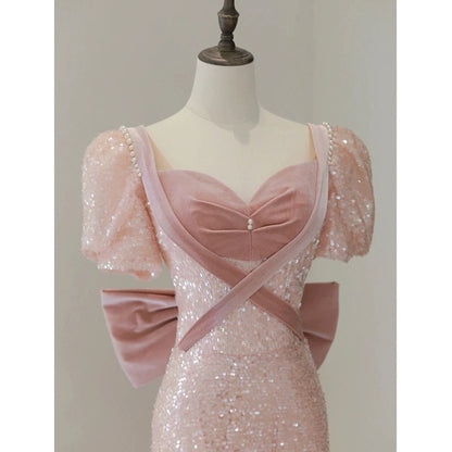 Feenhaftes A-Linien-Abendkleid mit kurzen Ärmeln und Pailletten P1739