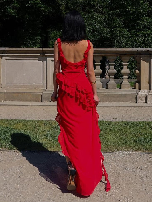 Sexy Red Chiffon Prom Dress Long Ruffle Party Dress P1748