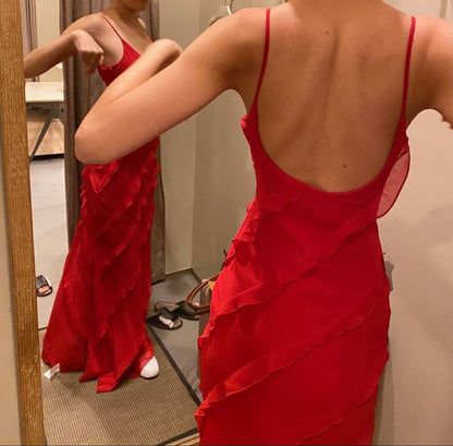 Sexy rotes Chiffon-Ballkleid, langes Rüschen-Partykleid P1749