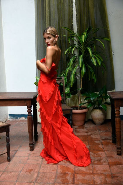 Sexy rotes Chiffon-Ballkleid, langes Rüschen-Partykleid P1749