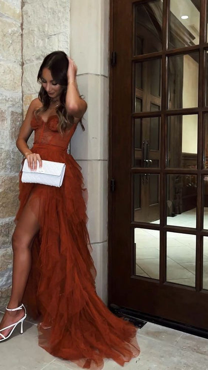 Rust Red Sweetheart High Low Tiered Prom Dress P1750 – PreppyDress