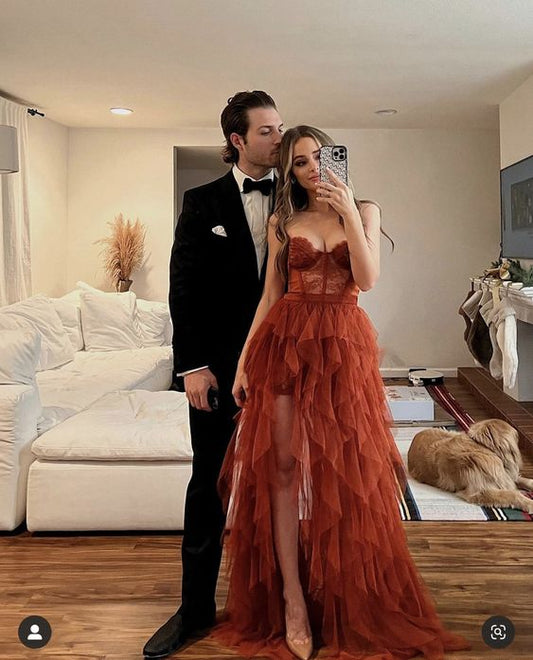 Rust Red Sweetheart High Low Tiered Prom Dress P1750