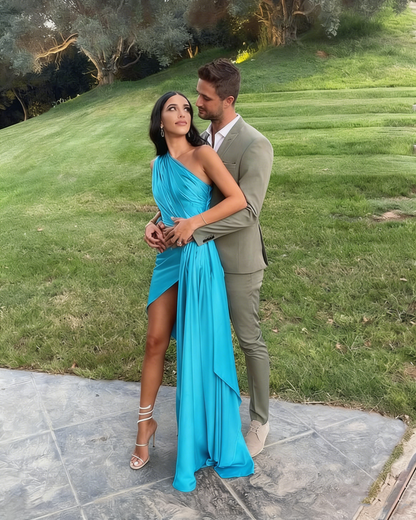 Sexy One Shoulder Satin Side Slit Long Evening Prom Dresses P1755