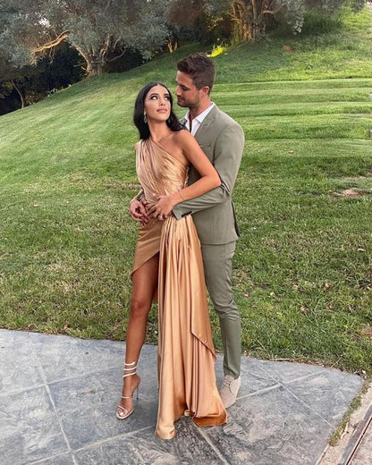 Sexy One Shoulder Satin Side Slit Long Evening Prom Dresses P1755