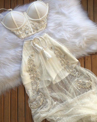 Sexy 2 Pieces Ivory Tulle Prom Dresses P1758
