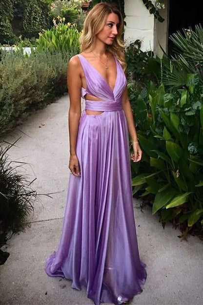 Robes de bal longues violettes à col en V unique et dos nu P1766