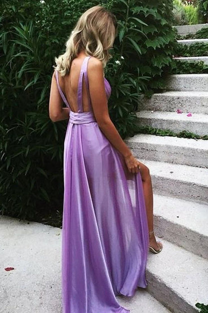 Robes de bal longues violettes à col en V unique et dos nu P1766