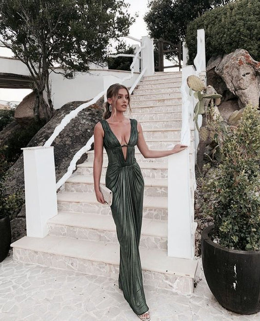 Sexy Sheath V neckline Green Long Prom Dresses P1768