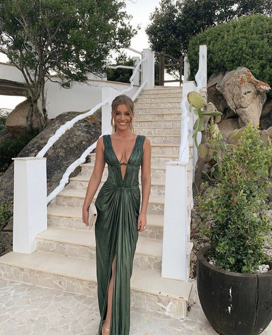 Sexy Sheath V neckline Green Long Prom Dresses P1768
