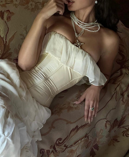 Robes de bal longues en mousseline de soie blanches bustier coupe A vintage P1771