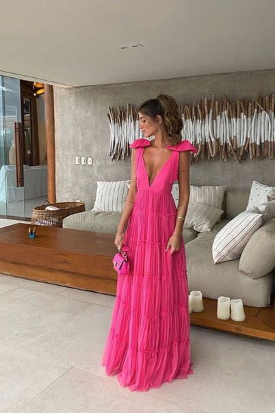 New Hot Pink Backless Long Prom Dress V Neck Formal Gown P1773 PreppyDress New Hot Pink Backless Long Prom Dress V Neck Formal Gown P1773 PreppyDress