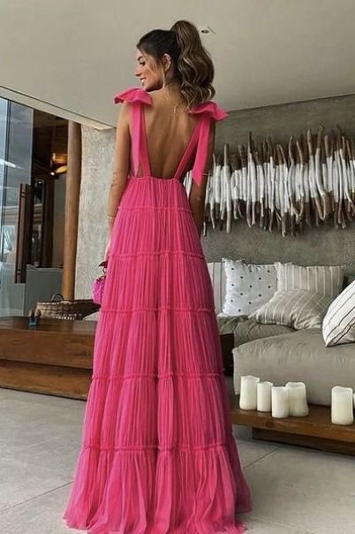 New Hot Pink Backless Long Prom Dress V Neck Formal Gown P1773 – PreppyDress
