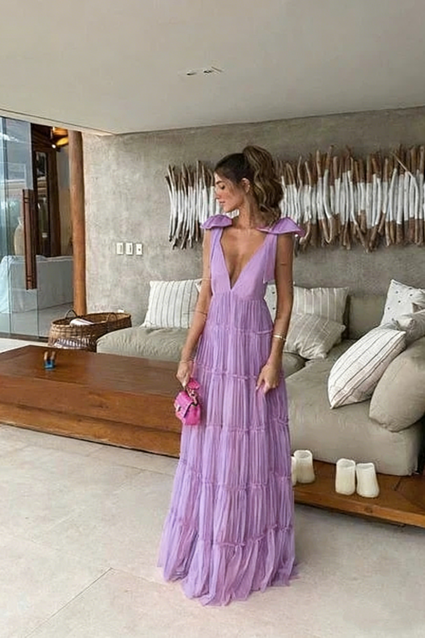 New Hot Pink Backless Long Prom Dress V Neck Formal Gown P1773
