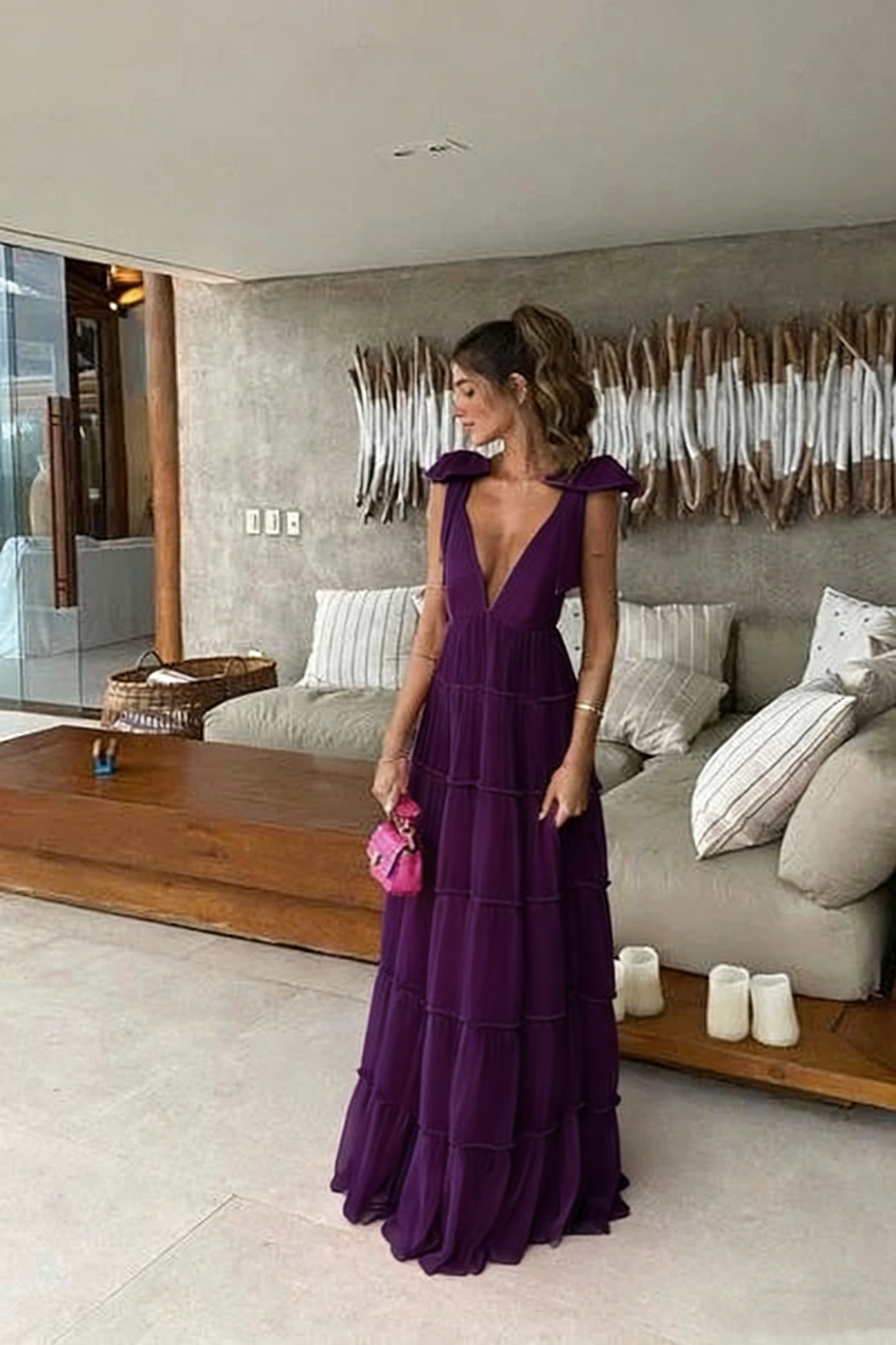 strapless open back dress Hot Pink V-Neck Ruffle A-Line Long Prom Dress, Hot Pink / 18 main image 1