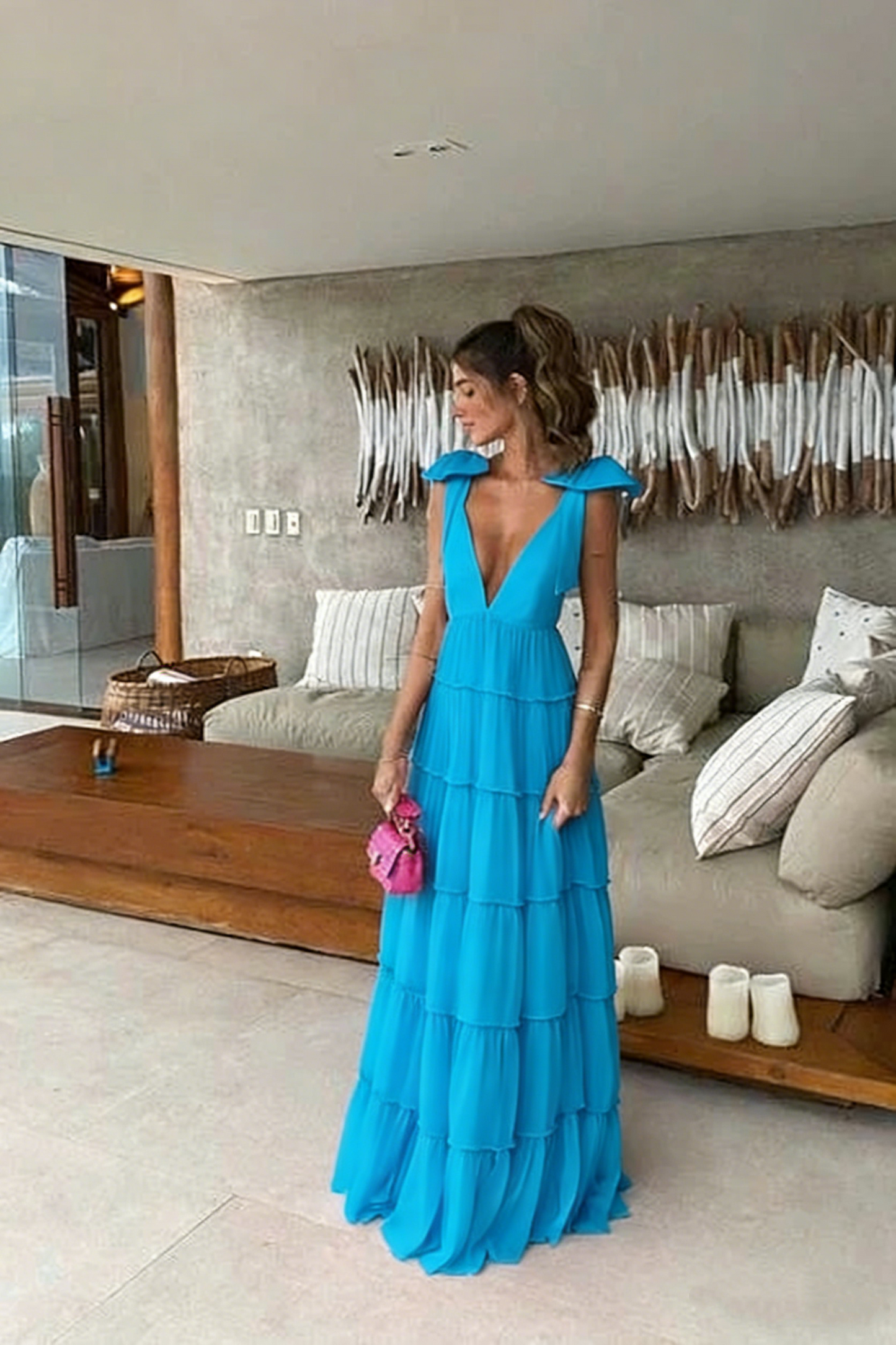 New Hot Pink Backless Long Prom Dress V Neck Formal Gown P1773