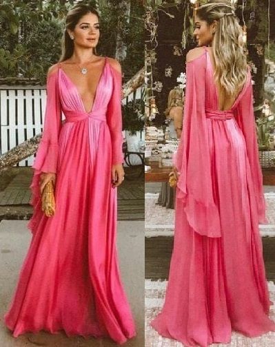 Vintage A Line Straps Pink Long Sleeves Prom Dresses P1776  PreppyDress