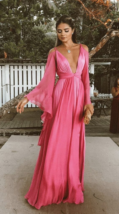 Vintage A Line Straps Pink Long Sleeves Prom Dresses P1776 PreppyDress Vintage A Line Straps Pink Long Sleeves Prom Dresses P1776 PreppyDress