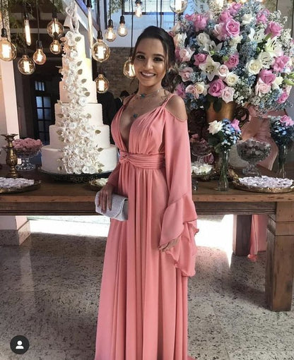 chinese dress ladies Unique Pink Long Prom Dress Long Sleeve Mermaid Party Gown – jkprom main image 1