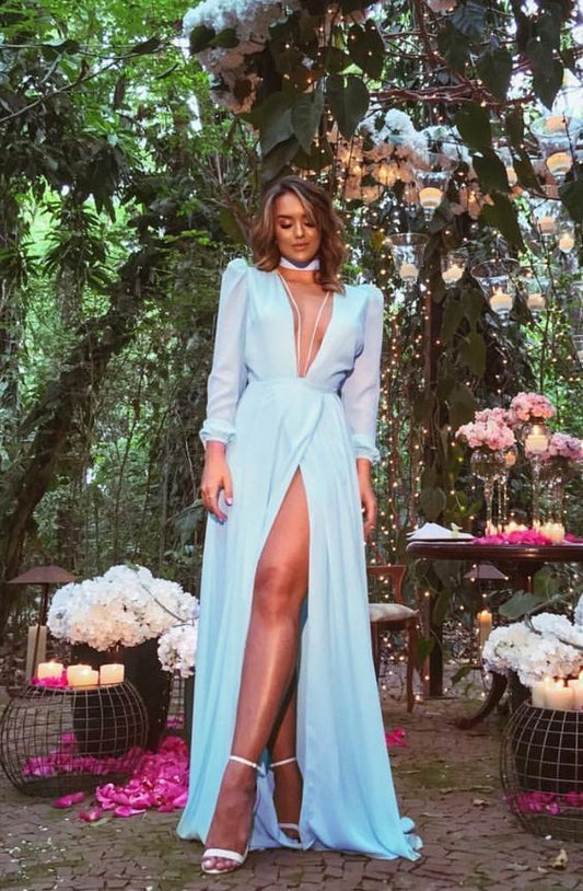 Simple A Line V Neckline Light Sky Blue Long Sleeves Prom Dresses P1778