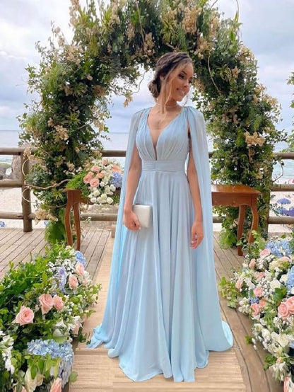 Hellblaues Chiffon A-Linien-Ballkleid mit Streamer P1780