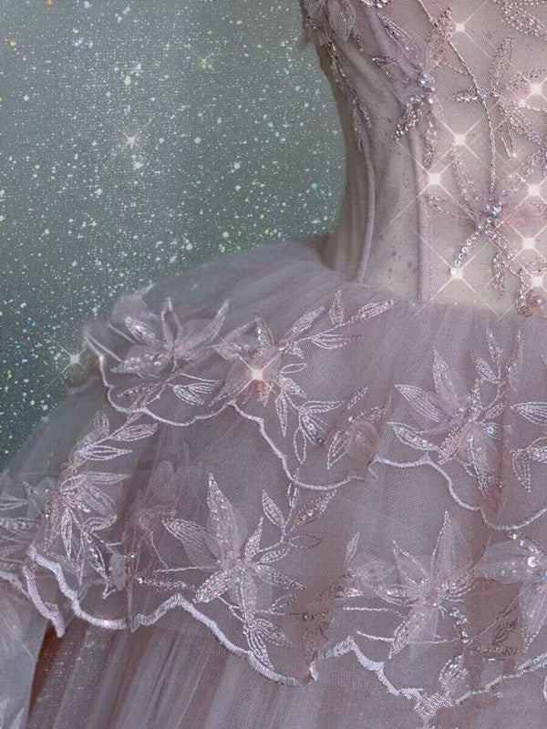 Modest Ball Gown Straps Pink Tulle Prom Dresses 22th Birthday Outfit P1786