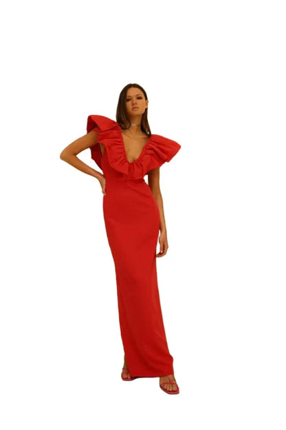Sexy Etui-Abendkleid mit V-Ausschnitt in Rot, langes Ballkleid, Outfit zum 22. Geburtstag P1789