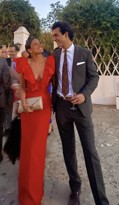 Sexy Etui-Abendkleid mit V-Ausschnitt in Rot, langes Ballkleid, Outfit zum 22. Geburtstag P1789