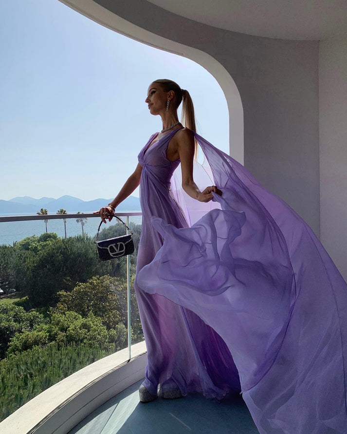 Long A-line V-neck Lace Chiffon Prom Dress Lilac Formal Evening Dresses