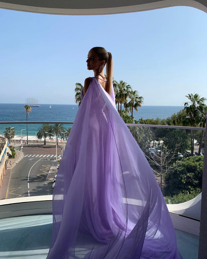 Simple A Line V Neckline Lilac Long Chiffon Prom Dresses P1791