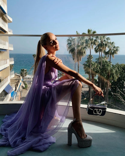 Simple A Line V Neckline Lilac Long Chiffon Prom Dresses P1791