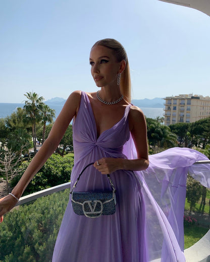 Simple A Line V Neckline Lilac Long Chiffon Prom Dresses P1791