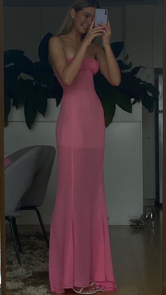 Simple Sheath Strapless Pink Long Prom Dresses P1794