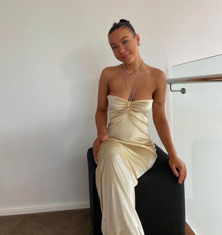 Simple Sheath Halter Champagne Long Prom Dresses P1796