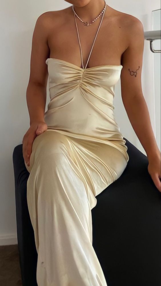 Simple Sheath Halter Champagne Long Prom Dresses P1796
