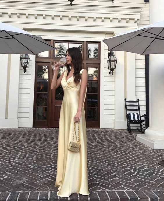 Simple A Line V neckline Yellow Long Prom Dresses P1798